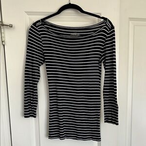 J.Crew Perfect Fit Blue and White Stripe Boat Neck 3/4 Sleeve Top
